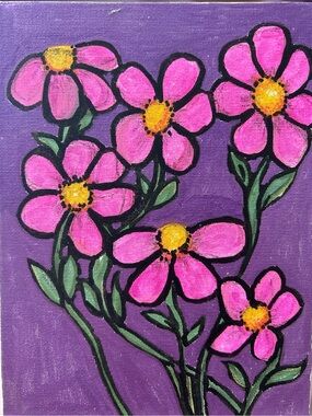 Handmade Pink Floral Canvas Wall Art - Purple Background